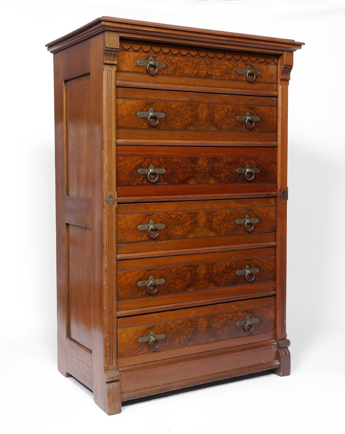 Appraisal: VICTORIAN WALNUT DRAWER SIDE LOCK TALL CHEST Each drawer with