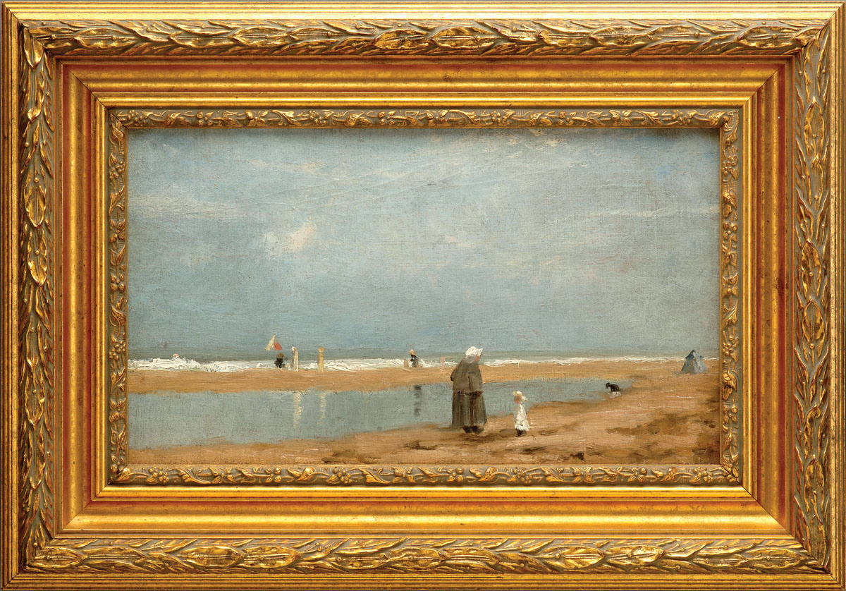 Appraisal: BEACH SCENE WITH WOMAN AND CHILD AND SAILBOAT IN THE