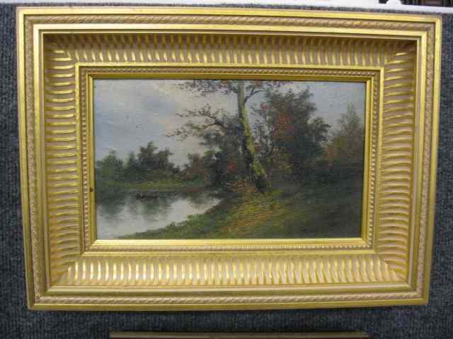 Appraisal: Morell oil Autumn landscape with boaterson the lake image area