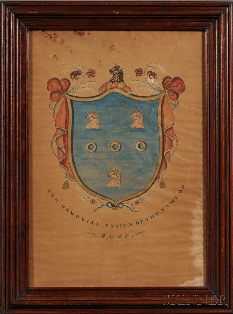 Appraisal: Framed Bull Family Coat of Arms America th century watercolor