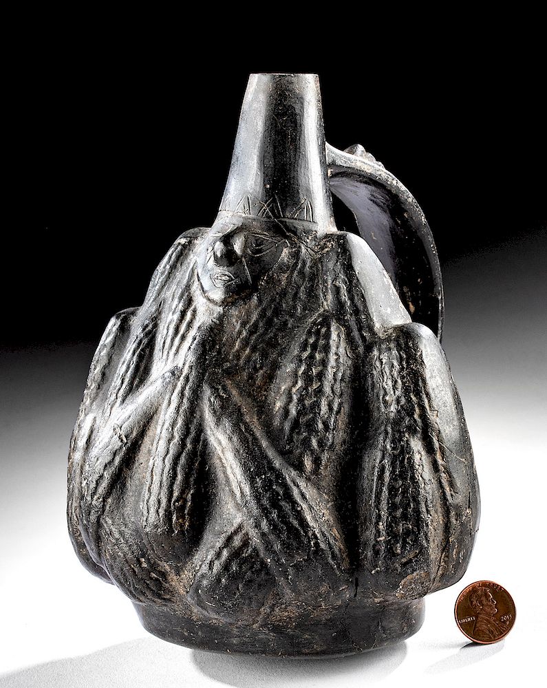 Appraisal: Chimu Blackware Spouted Jar w Maize God Pre-Columbian Peru Chimu