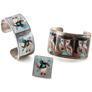 Appraisal: Zuni Silver and Mosaic Inlay Cuff Bracelets and Ring third