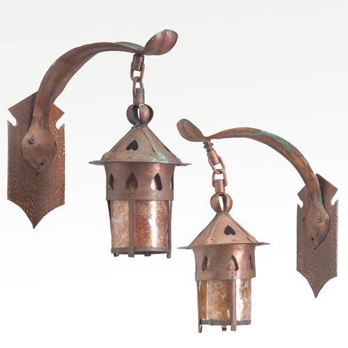 Appraisal: ONONDAGA METAL SHOPS Pair of hammered copper wall sconces with