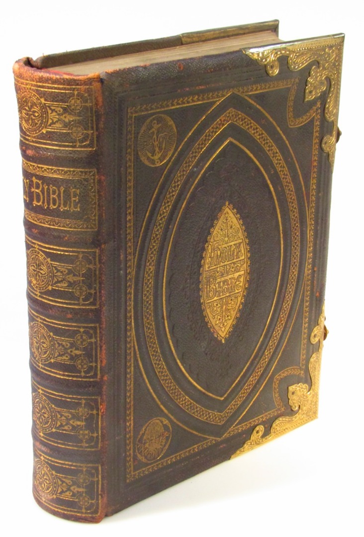 Appraisal: A th century Family Bible in pressed leather with metal