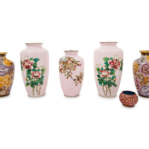 Appraisal: Six Japanese Pink Ground Cloisonn Enamel Vessels TH CENTURY comprising