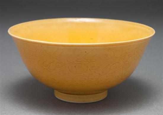 Appraisal: Chinese Famille Jaune monochrome porcelain bowl th century with incised