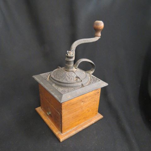 Appraisal: Antique Coffee Mill cast iron dove-tailed wood box with drawer