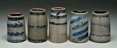 Appraisal: Five decorated stoneware canning jars all salt glazed with variations