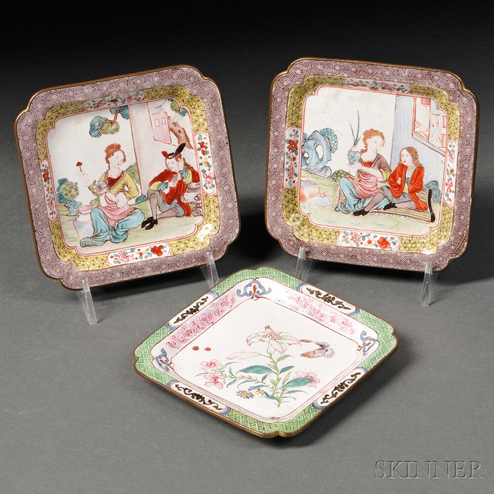 Appraisal: Three Canton Enamel Square Dishes China th th century with