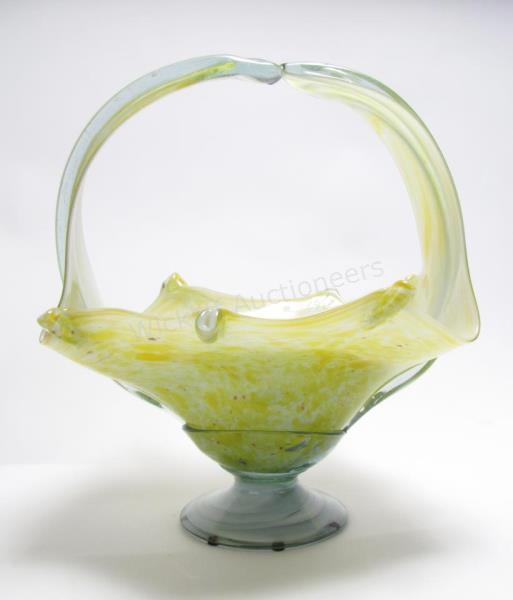 Appraisal: Large Art Glass Basket yellow green and white swirl pattern