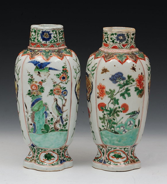 Appraisal: A PAIR OF CHINESE FAMILLE VERTE HEXAGONAL BULBOUS PANEL VASES