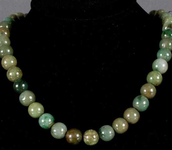 Appraisal: Jade bead necklace beads approximately mm Diam necklace approximately in