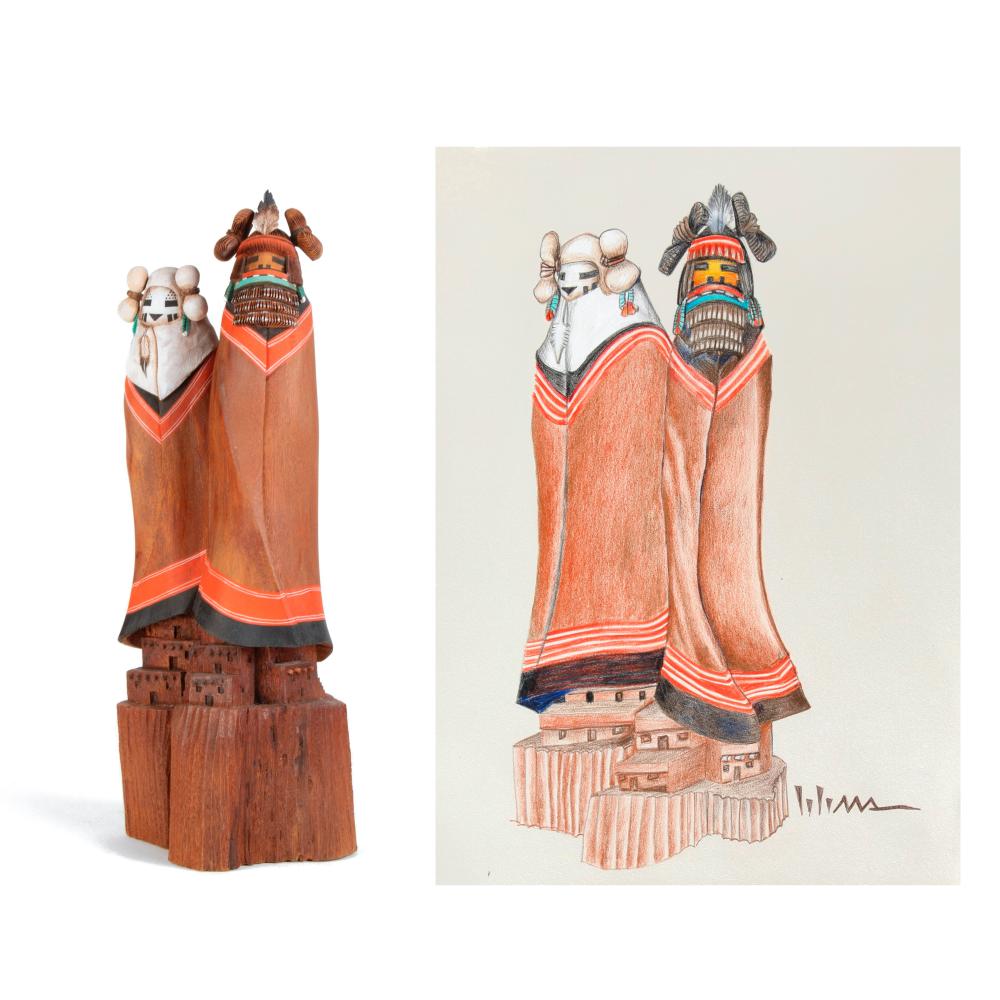 Appraisal: CHARLES LOLOMA WILMER KAYE DRAWING AND KATSINA PAIR NUVAK'CHIN MANA