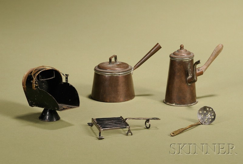 Appraisal: Five Miniature Kitchen Implements th century a lidded copper saucepan