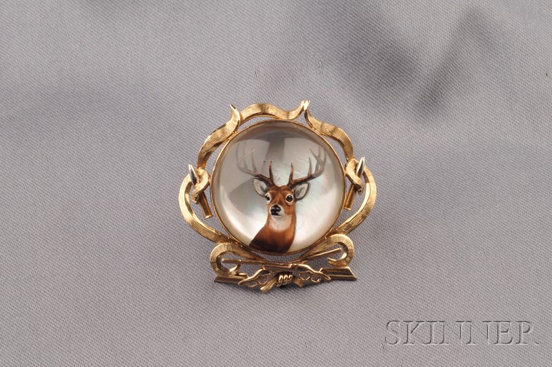 Appraisal: kt Gold and Reverse-painted Crystal Hunting Brooch depicting a stag