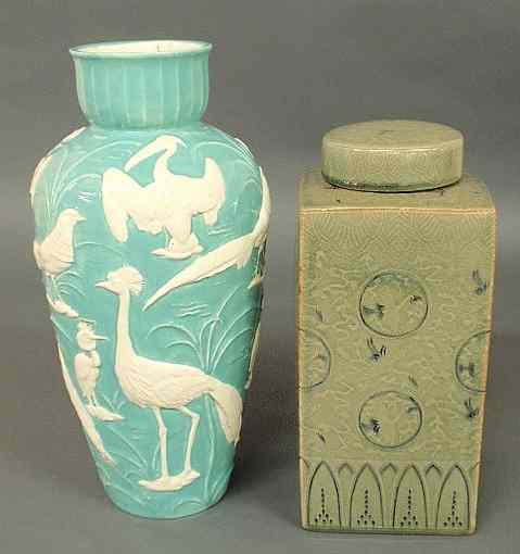 Appraisal: Large th c celadon porcelain tea caddy with flying crane