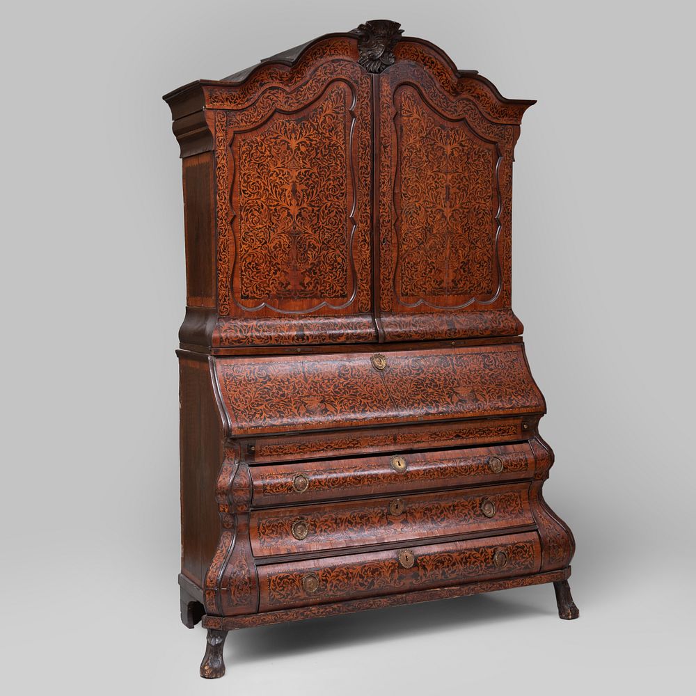 Appraisal: Dutch Rococo Mahogany and Fruitwood 'Seaweed' Marquetry Slant-Front Bookcase In