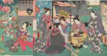 Appraisal: Japanese Geishas Triptych Geishas triptych Woodblock print ink in color