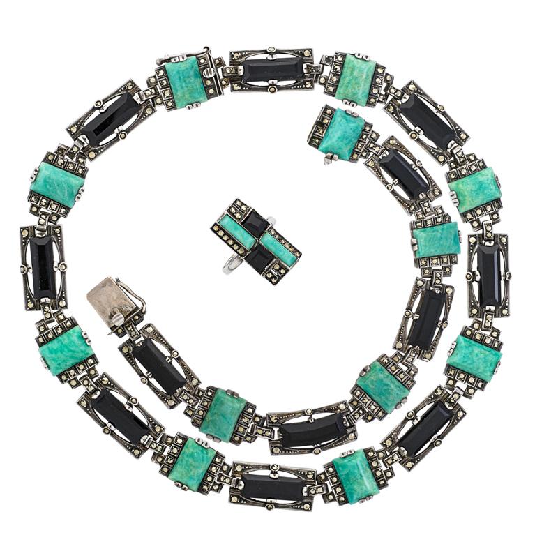 Appraisal: THEODOR FAHRNER AMAZONITE ONYX MARCASITE SUITE Condition Report