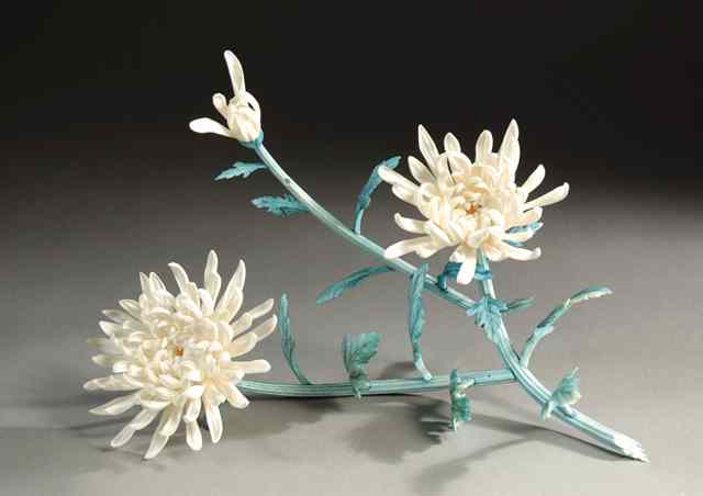 Appraisal: IVORY HAND CARVED WHITE DAHLIA BLOSSOMS on polychrome green branch