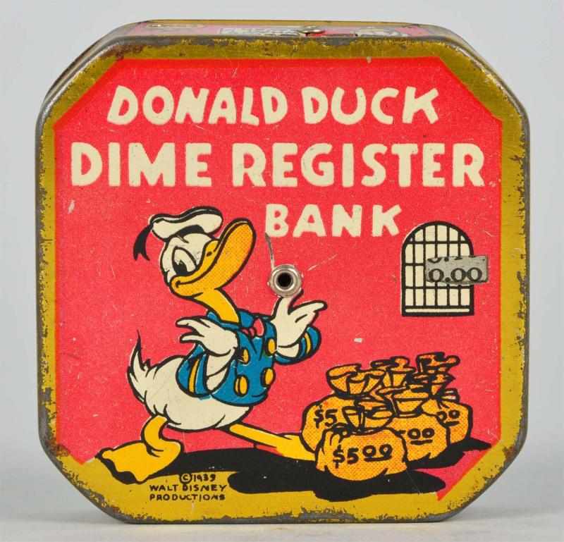 Appraisal: Walt Disney Donald Duck Dime Register Bank Description Depicts Donald