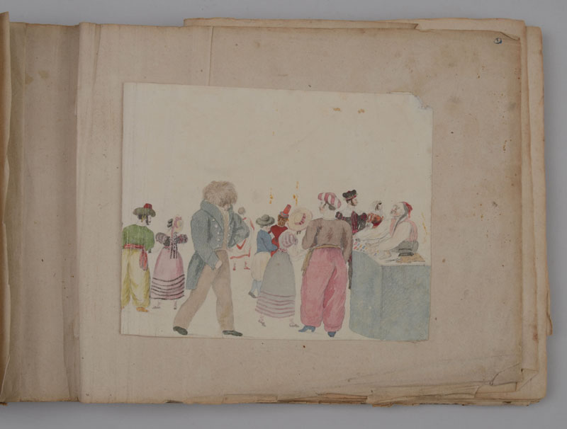 Appraisal: ALBUM OF WATERCOLOR AND PRINTED PICTURES Including Indian figures butterfly