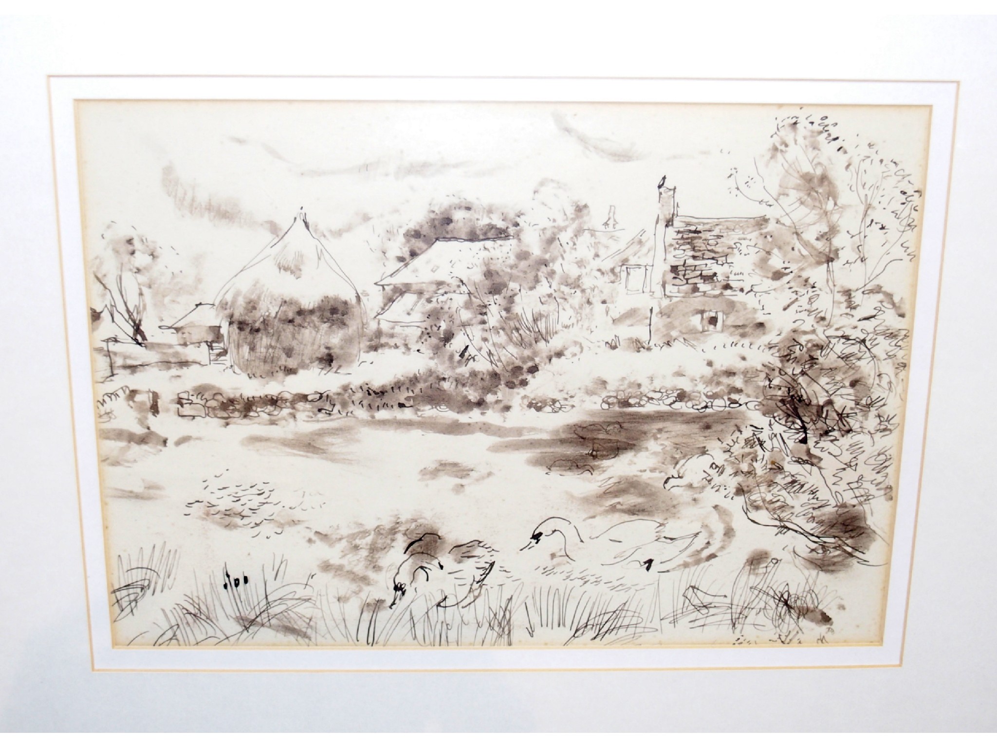 Appraisal: WILLIAM D CLYNE The Pond with Swans pen and wash