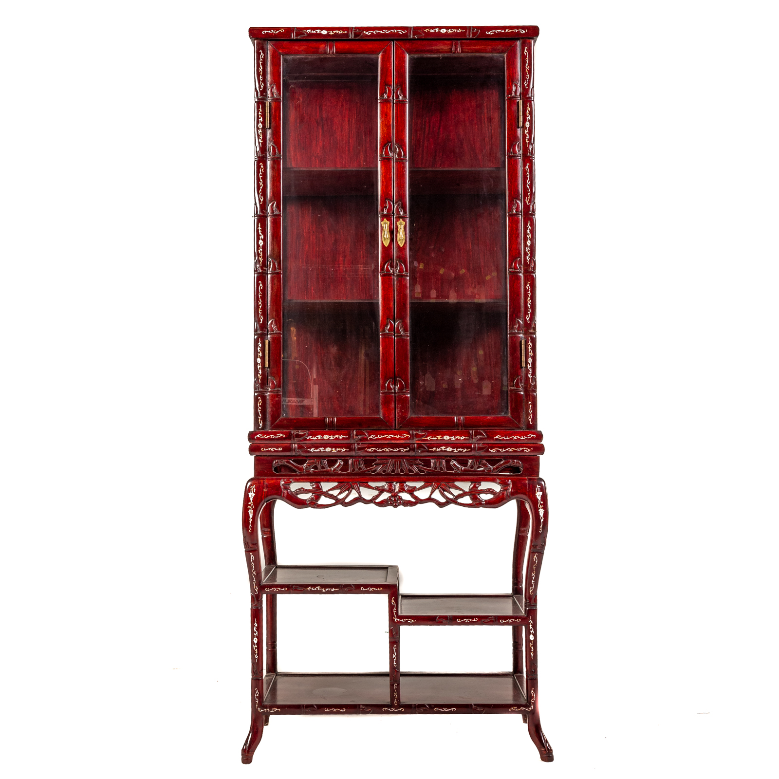 Appraisal: CHINOISERIE STYLE INLAID WOOD CURIO CABINET th century mother of