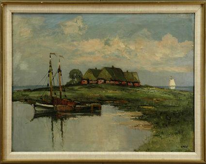 Appraisal: Continental School Marsh Scene with Moored Boat Oil on canvas