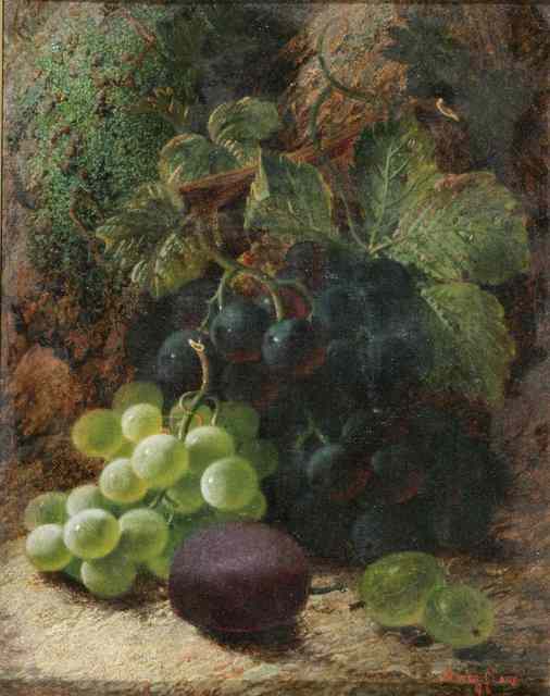 Appraisal: OLIVER CLARE - Still life - Bunches of grapes greengages