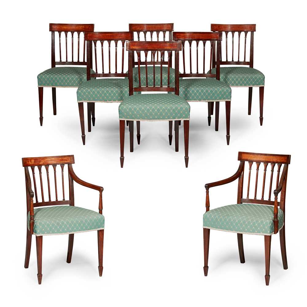 Appraisal: SET OF EIGHT REGENCY MAHOGANY AND SATINWOOD DINING CHAIRS EARLY