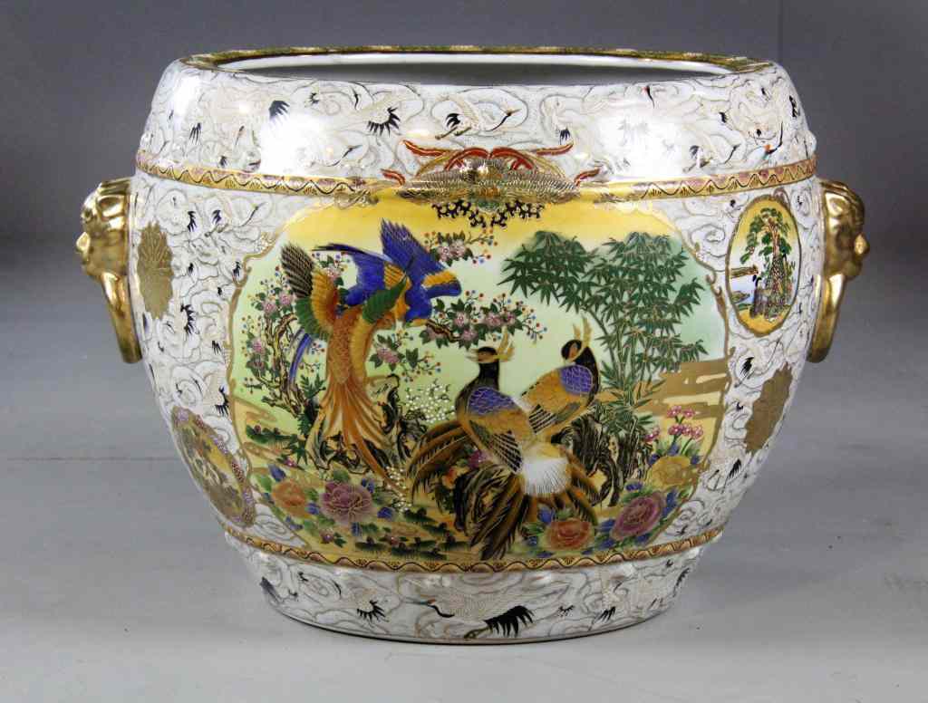 Appraisal: Large Chinese Famille Rose Porcelain Fish BowlDepicting pheasant and figures