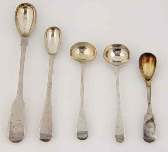 Appraisal: Three silver salt spoons and two mustard spoons various dates