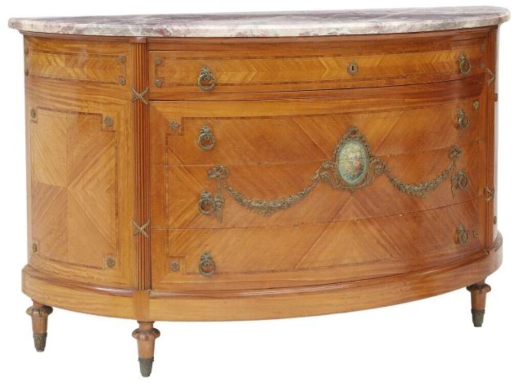 Appraisal: Louis XVI style mahogany demilune commode th c having marble