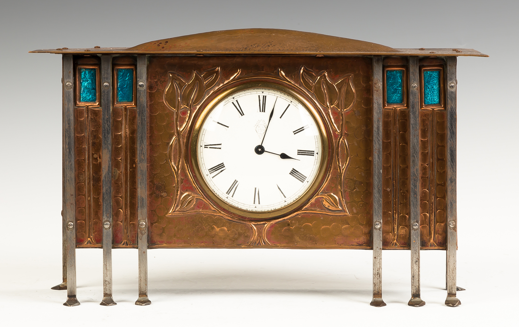 Appraisal: Hammered Copper and Steel Shelf Clock Early th century Enameled