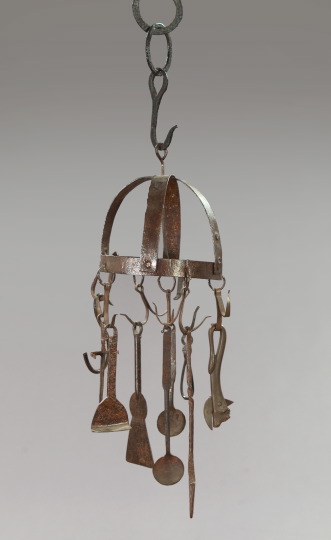 Appraisal: Early American Wrought-Iron Hanging Rack and Utensils ca the crown-shaped