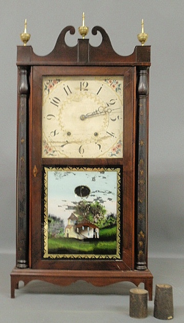 Appraisal: - Large Eli Terry pillar scroll clock with floral decoration