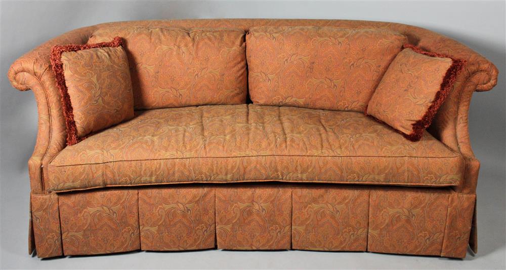 Appraisal: CLASSIC ROLLED BACK SOFA WITH RUST COLORED PAISLEY UPHOLSTERY having