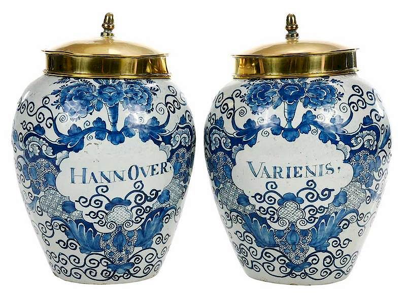 Appraisal: Pair Delft Tobacco Jars Dutch th century both decorated with