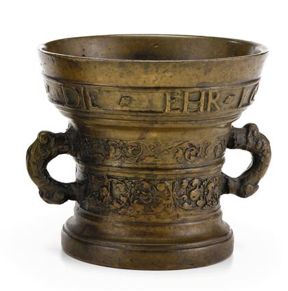 Appraisal: German bronze two-handled mortar With banded cast decoration of fruiting