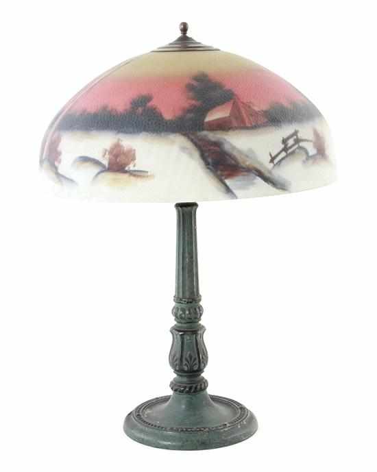 Appraisal: Reverse-painted glass shade on lamp winter dusk scene painted domed