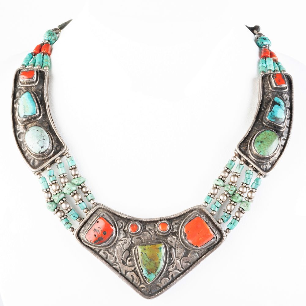 Appraisal: Native American Silver Turquoise and Coral Necklace Approx in Condition