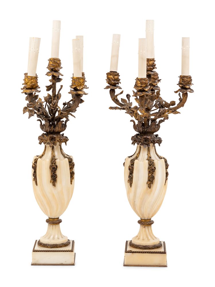 Appraisal: A Pair of French Bronze and Marble Urn-Form Five-Light Candelabra