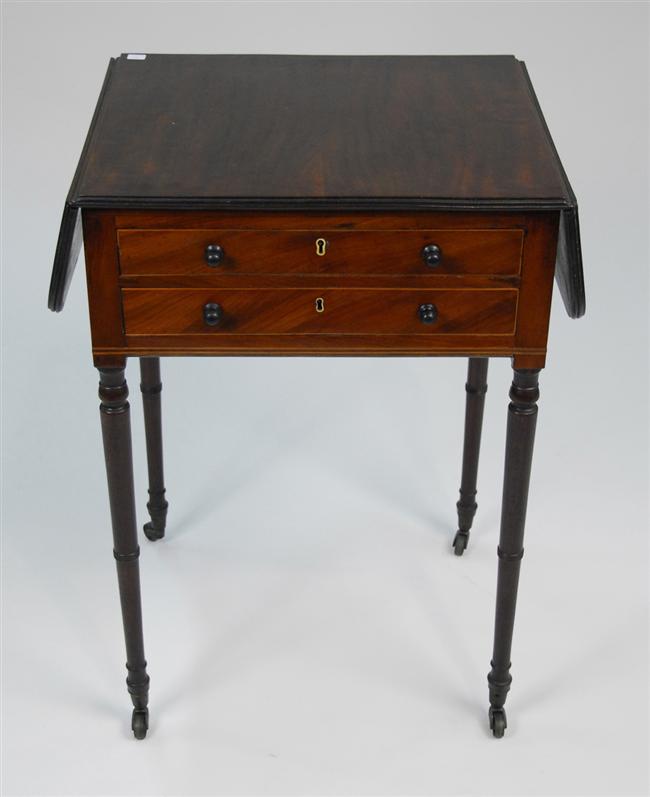 Appraisal: REGENCY MAHOGANY INLAID SEWING TABLE early th century height inches