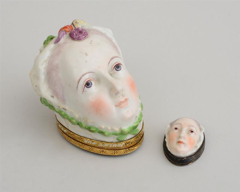 Appraisal: CHELSEA GOLD-MOUNTED LADY'S HEAD-FORM BONBONNIERE AND A SMALLER PORCELAIN PATCH