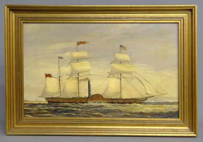 Appraisal: th c oil on canvas ship with American flag and