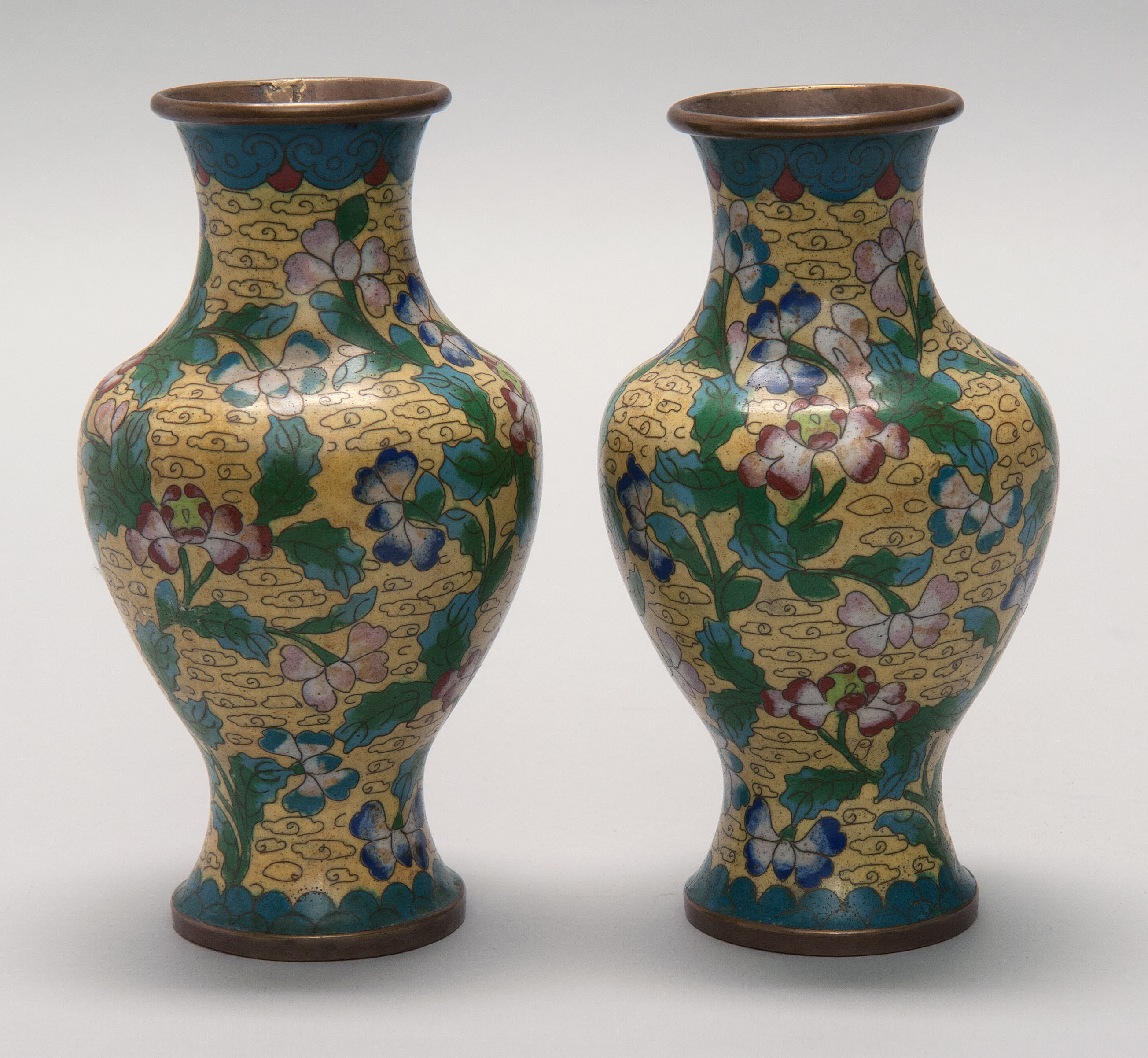 Appraisal: PAIR OF CLOISONN ENAMEL VASES th CenturyIn baluster form with