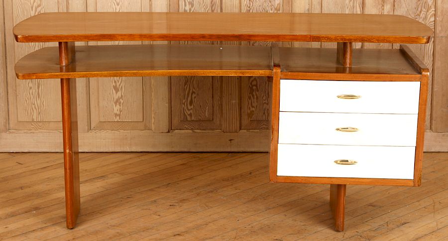 Appraisal: WALNUT TWO TIERED WRITING DESK CIRCA A mid century modern