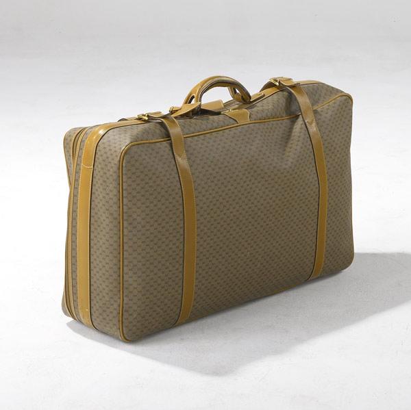 Appraisal: GUCCI Gray and tan leather Gucci-print suitcase x x