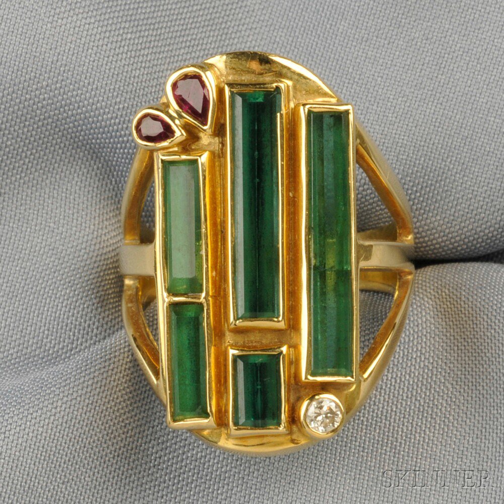 Appraisal: kt Gold Green Tourmaline Ruby and Diamond Ring the abstract